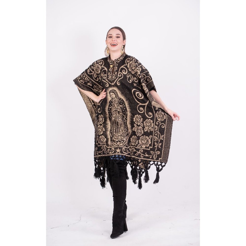 Mexican Our Lady of Guadalupe Poncho Cream Black